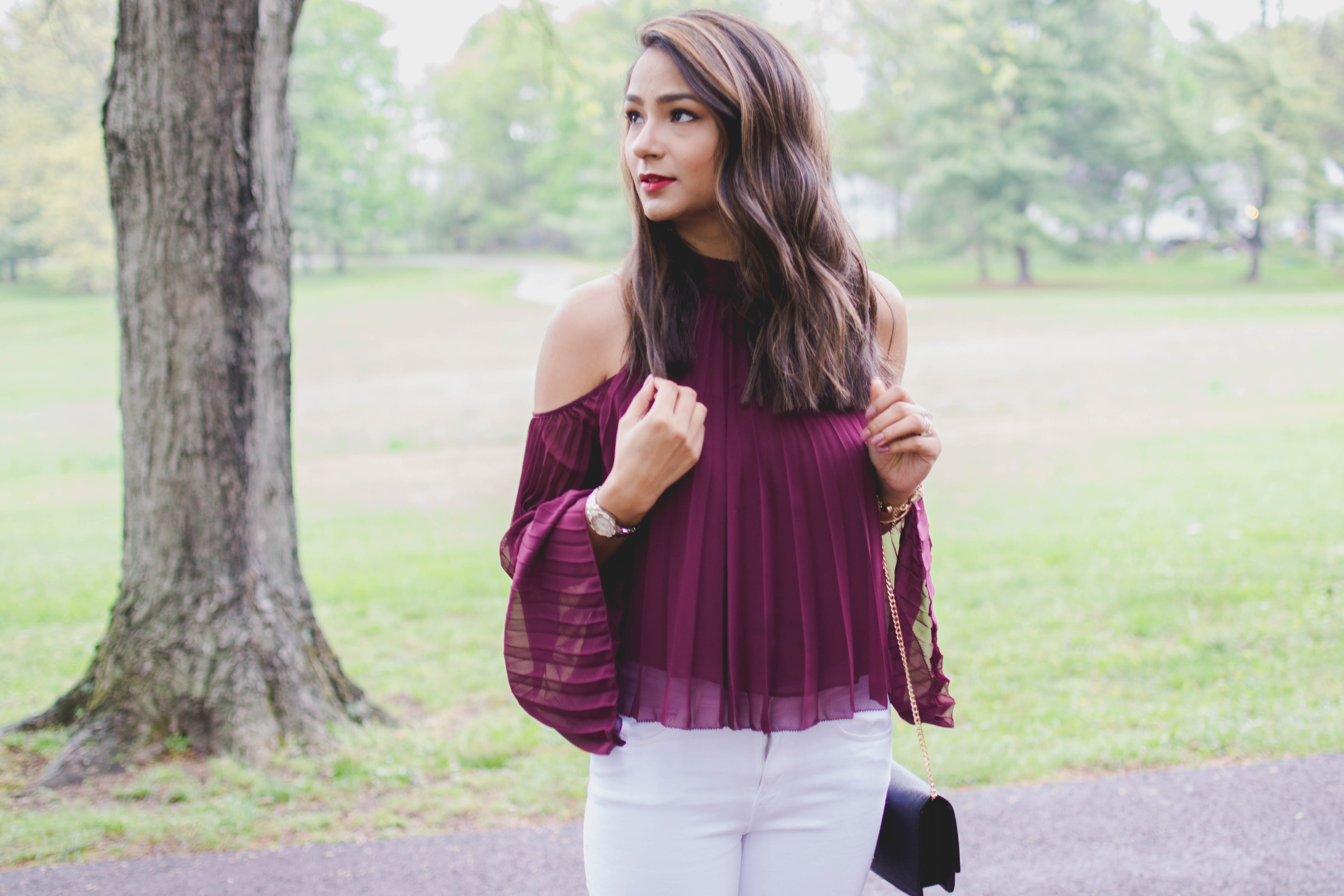 pleated cold shoulder top